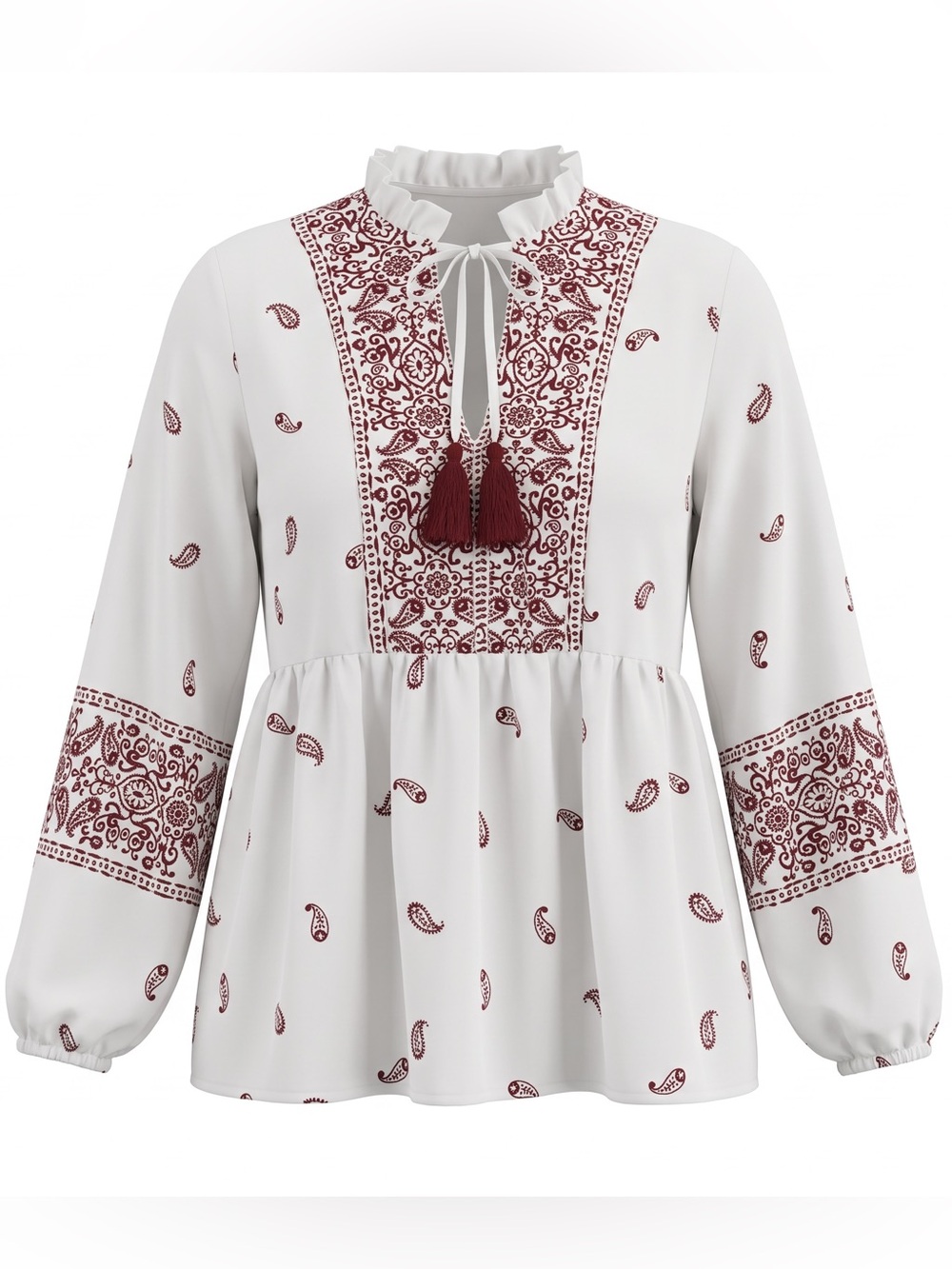 Women’s White Brown Paisley Boho Tie Neck Peplum Blouse Long Sleeve